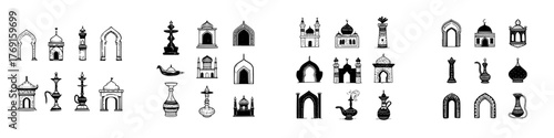 Hand drawn set of Arabic and Islamic architectural elements and vessels