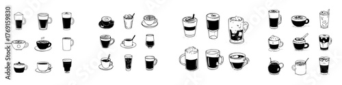 Collection of hand drawn coffee drinks and beverages in mugs and glasses