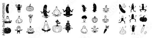 Whimsical vegetable and fruit characters practicing yoga and fitness poses