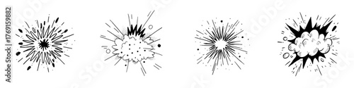 Four hand drawn comic style explosion and burst graphic elements