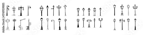 Collection of antique and modern street lamp post designs hand drawn set