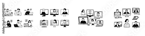 Diverse group of people communicating via online video conference and chat