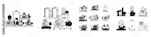 Line art icons for water pump and pressure booster systems