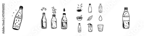 Hand drawn set of various beverage containers and water elements