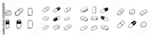 Hand drawn assortment of medical pills and capsules in monochrome sketch style