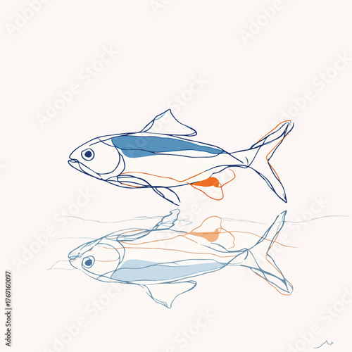 Elegant single-line fish swim abstract art