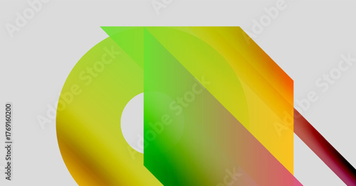 Abstract geometric shapes overlap, creating vibrant color gradients. Composition feels modern, dynamic, visually interesting.