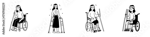 Injured people using mobility aids and medical bandages for recovery