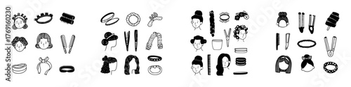 Diverse collection of hand drawn hair styling tools and finished looks