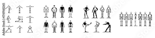 Artistic drawing set of articulated wooden mannequins in various poses