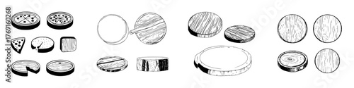 Isometric view of pizza slices and round wooden cutting boards