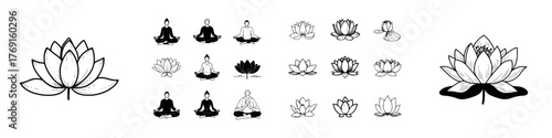 Hand drawn lotus flowers and meditation poses icons collection