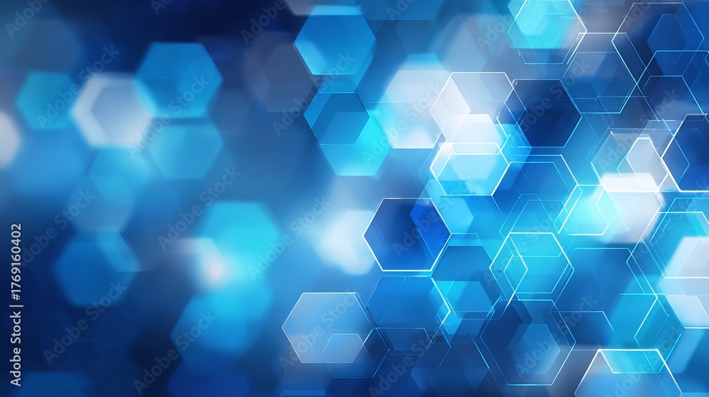 Obraz premium Dynamic abstract blue hexagonal grid with glowing light particles creates a modern, futuristic, and high-tech digital network atmosphere