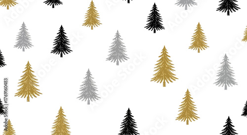 Festive Christmas Tree Pattern with Gold, Silver, and Black Trees on a White Background