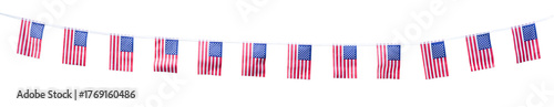 Isolated American flags bunting garland. Cut-out row of USA national flags on a string, suitable for overlay or design element. Independence Day or Memorial Day celebration.