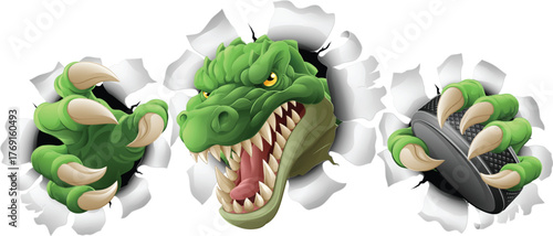 A crocodile, dinosaur or alligator lizard hockey sports mascot