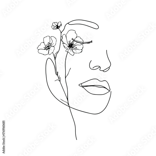 Elegant single line art female portrait with floral accents