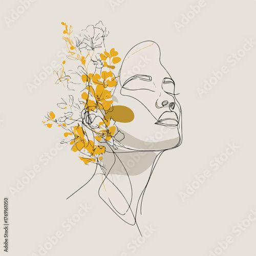 Elegant female face in continuous line art