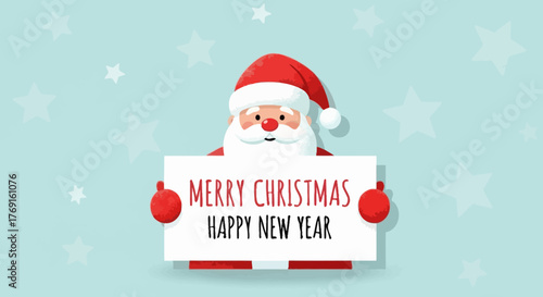 Santa Claus with Christmas and New Year Greetings on Festive Starry Background