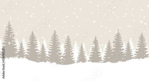 Winter forest background illustration with pine trees and snowflakes