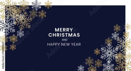 Elegant Christmas and New Year Card with Snowflakes on Dark Blue Background