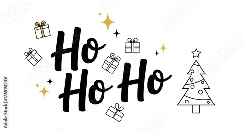 Festive Ho Ho Ho Holiday Season with Gifts and Christmas Tree