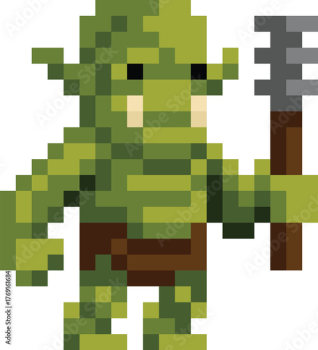 A orc or ork goblin monster warrior fantasy cartoon character in a video game sprite pixel art style. 20 squares wide by 22 high.