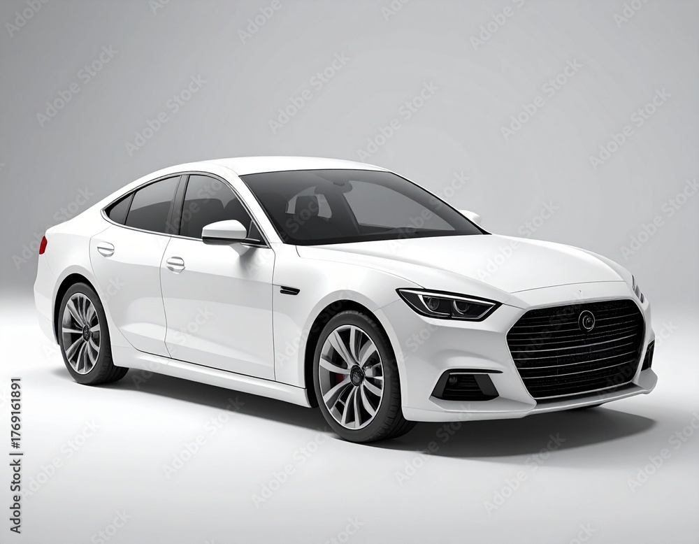 Obraz premium Modern White Sedan Car Displayed On White Background For Automotive Advertising And Marketing