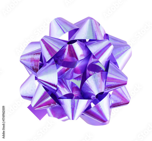 Purple holographic gift bow isolated on a white background. Vibrant iridescent gift ribbon bow for Christmas or birthday present decoration.
