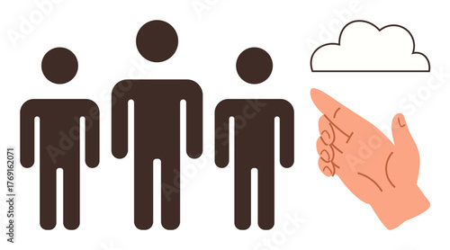 Three people standing, hand pointing to a cloud. Ideal for teamwork, collaboration, technology, recruitment, decision-making, cloud services and leadership. Simple flat metaphor