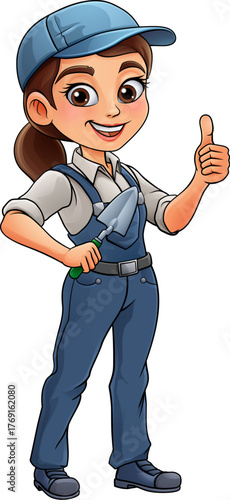 A woman female bricklayer holding a mortar trowel tool builder construction cartoon character mascot.