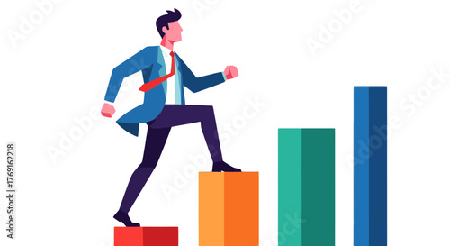 Business Person Ascending The Graphic Chart, Advancing Towards A Specific Goal in Business