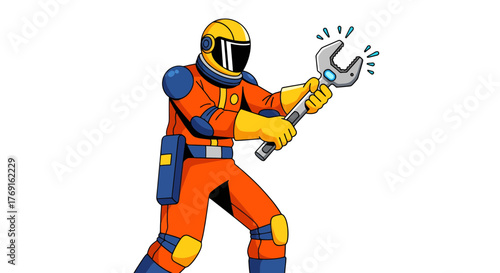 Astronaut Holding Metallic Wrench With Energy Sparks on Dark Background Illustration
