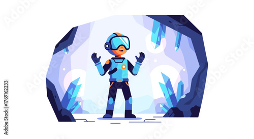 Astronaut Exploring A Cave Filled With Blue Crystals Using Virtual Reality Goggles