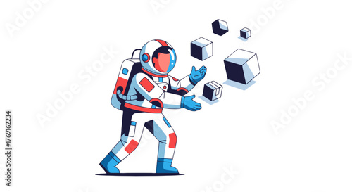 Astronaut Exploring Space, Interacting With Cubes, Against a Black Background