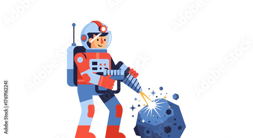 Astronaut Mining Asteroids in Space: A Colorful Illustration on a Black Background