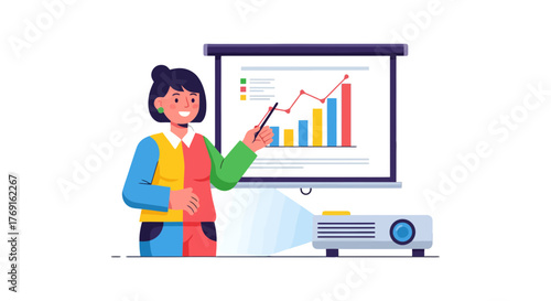 Business Presentation: A Colorful Woman Presenting Financial Data With Projector
