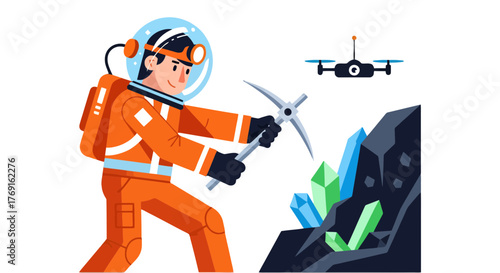 Astronaut Mining Crystals With a Drone in Space Exploring Futuristic Technologies