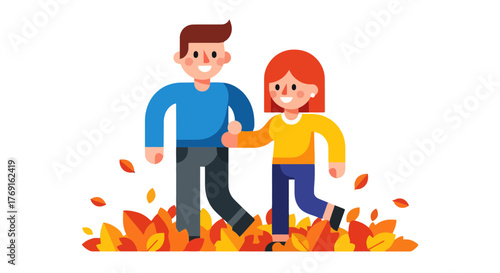 Autumn Stroll: Animated Couple Walking Through Fall Foliage Together Hand-in-Hand