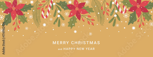 Merry Christmas banner or poster with border in pattern of winter plants and flowers. Holiday gold luxury background with mistletoe, candy cane, berry, poinsettia, branches fir, snow.