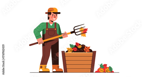 Autumnal Gardener Efficiently Raking Colorful Leaves Into a Rustic Wooden Container