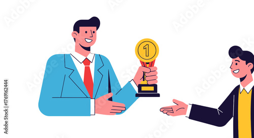 Award Presentation: Business Winner Appreciated With Trophy And Congratulations.