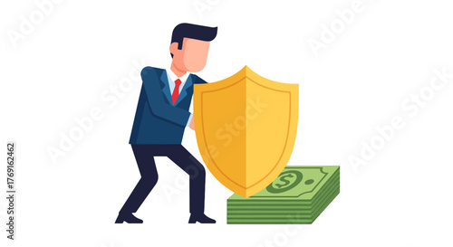 Business Professional Shields Money with Protective Armor to Demonstrate Financial Security