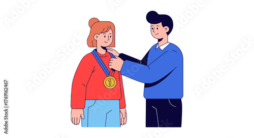 Awarding The First Place Winner With A Medal On A Matte Black Background