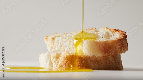 Slice on pure white table with olive oil drizzle, minimalist food styling