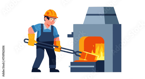 Blacksmith Utilizing Furnace To Shape Metal, Demonstrating Industrial Work Process Accurately
