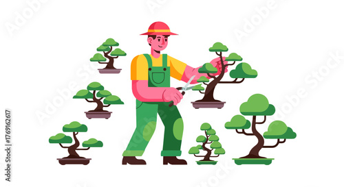 Bonsai Gardener Trimming Trees with Precision and Skill in a Dark Background