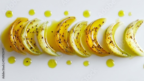 Slice on pure white table with olive oil drizzle, minimalist food styling
