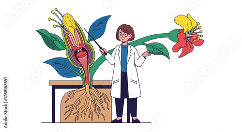 Botanist Explaining Plant Biology Anatomy And Illustrating Flower's Characteristics With Details