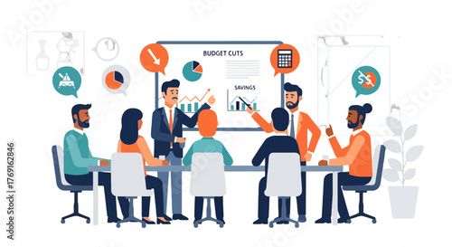Business Team Conference Discussing Financial Charts Budget Cuts And Savings Analysis